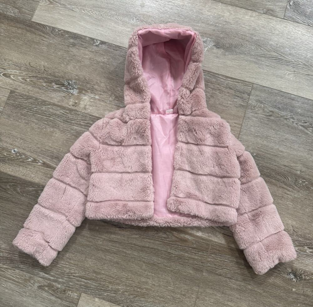 SHEIN Girls Pink Faux Fur Hooded Lined Short Jacket Coat Size 6